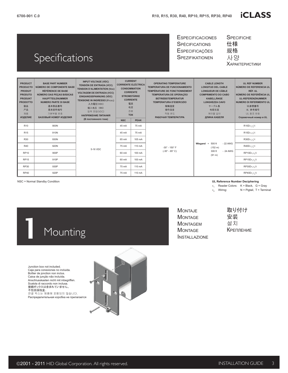 Specifications, 1 mounting, Mounting | HID iCLASS SE Installation Guide