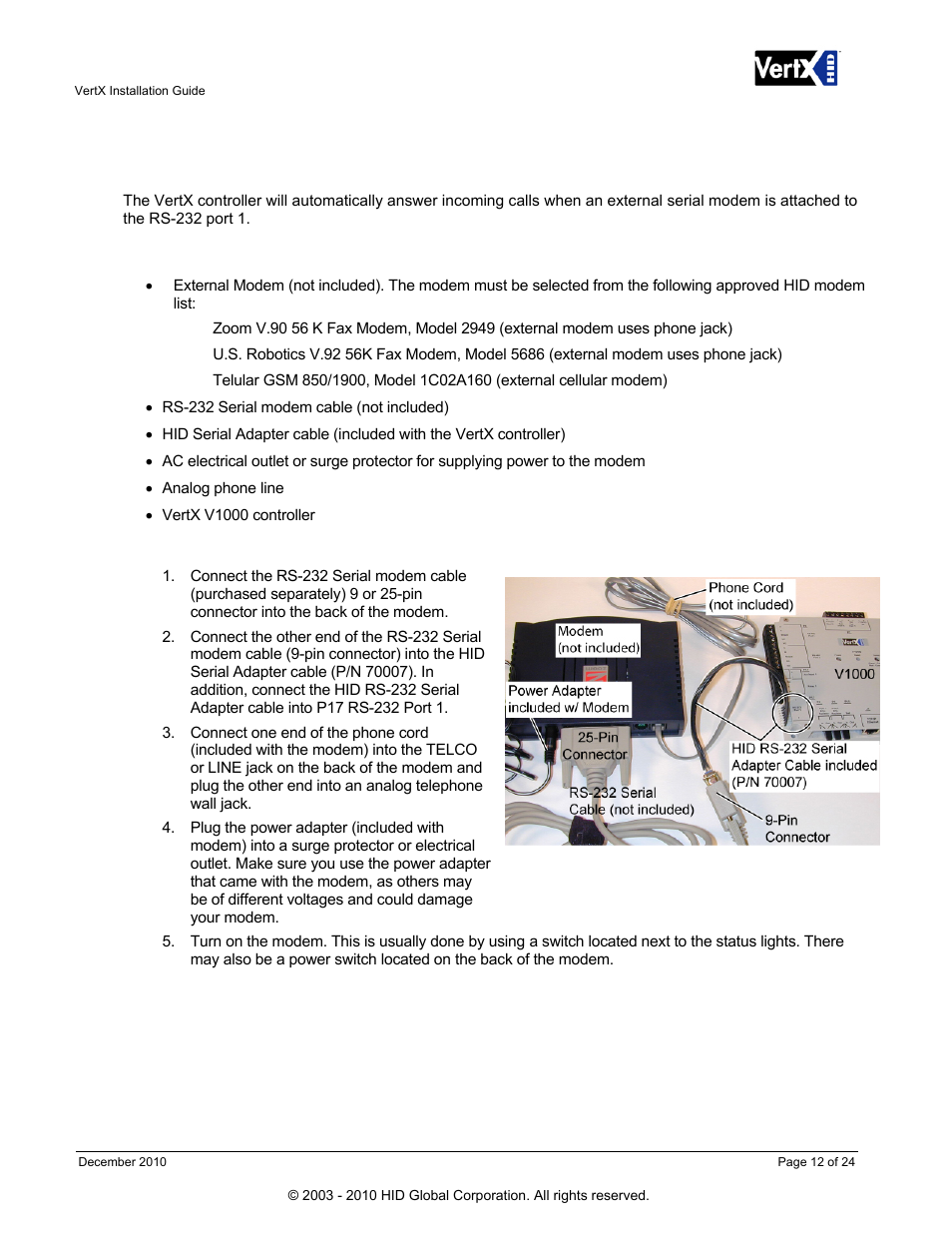 6 modem, 1 modem setup requirements, 2 physical modem setup | HID VertX