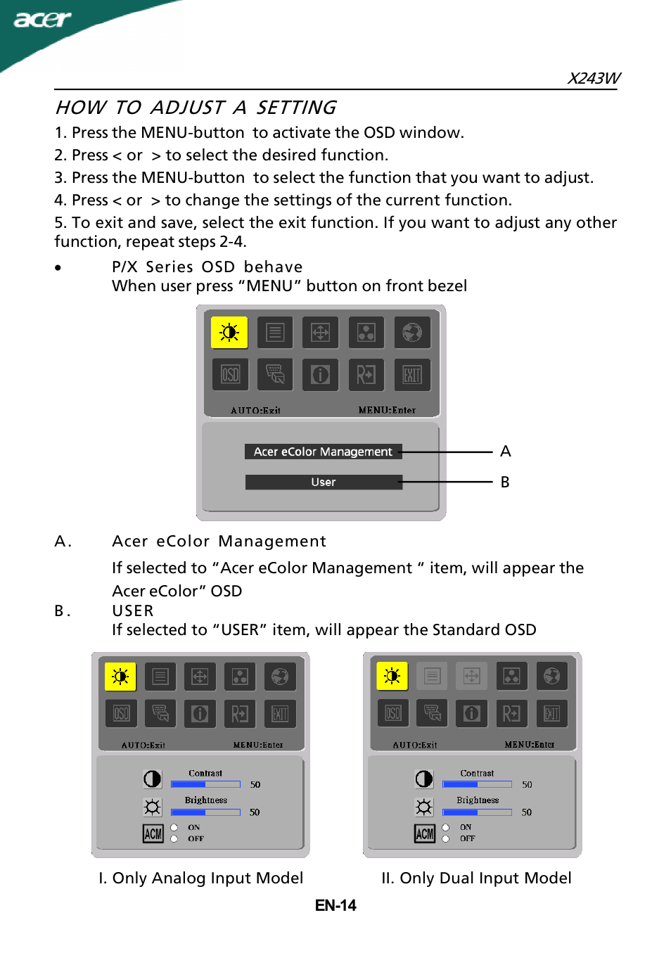 How to adjust a setting | Acer X243W User Manual | Page 15 / 21