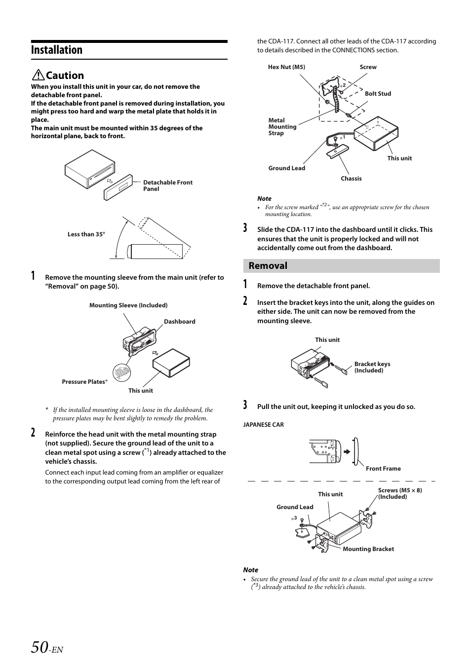 Installation, Removal, Caution | Alpine CDA-117 User Manual | Page 52 / 56