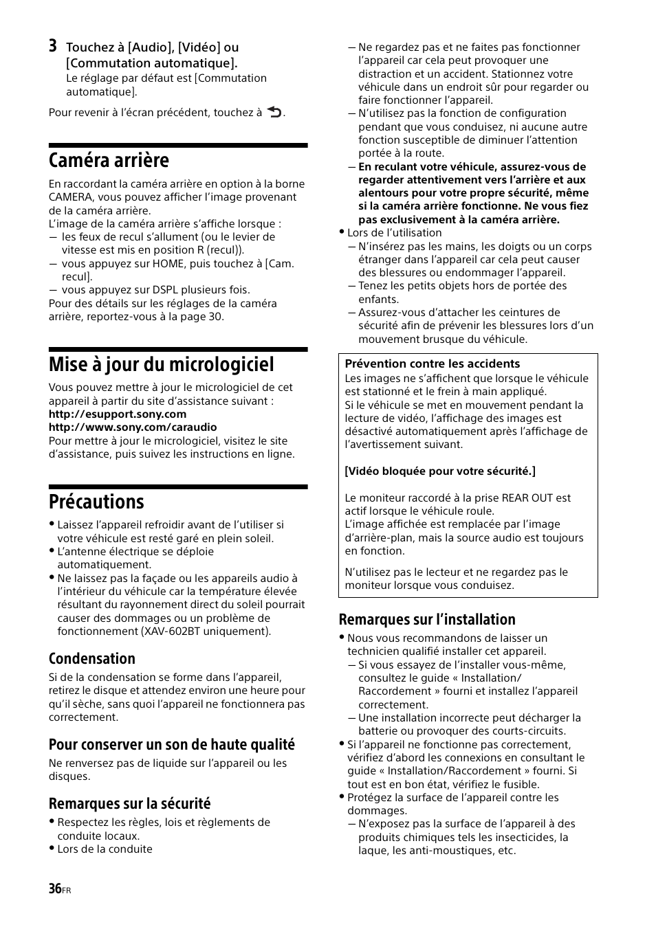 Caméra arrière, Mise à jour du micrologiciel, Précautions | Sony XAV