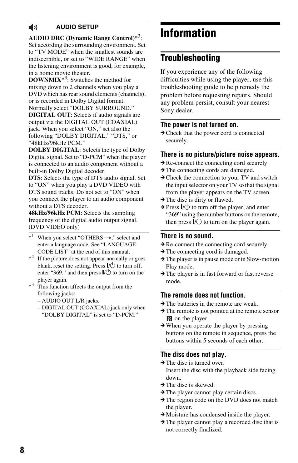 Information, Troubleshooting | Sony DVP-SR210P User Manual | Page 8 / 12