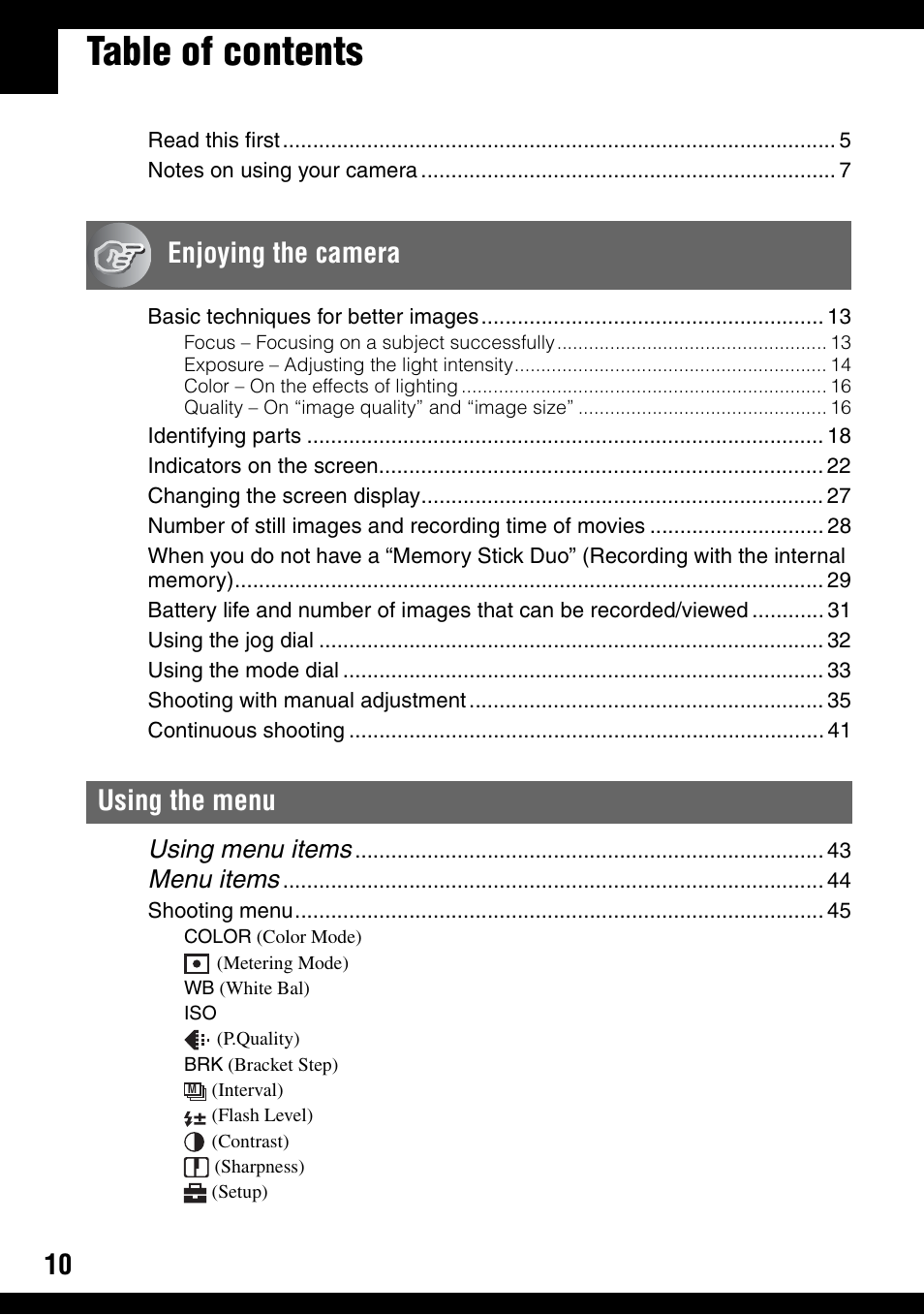 Sony DSC-H2 User Manual | Page 10 / 123 | Also for: DSC-H5