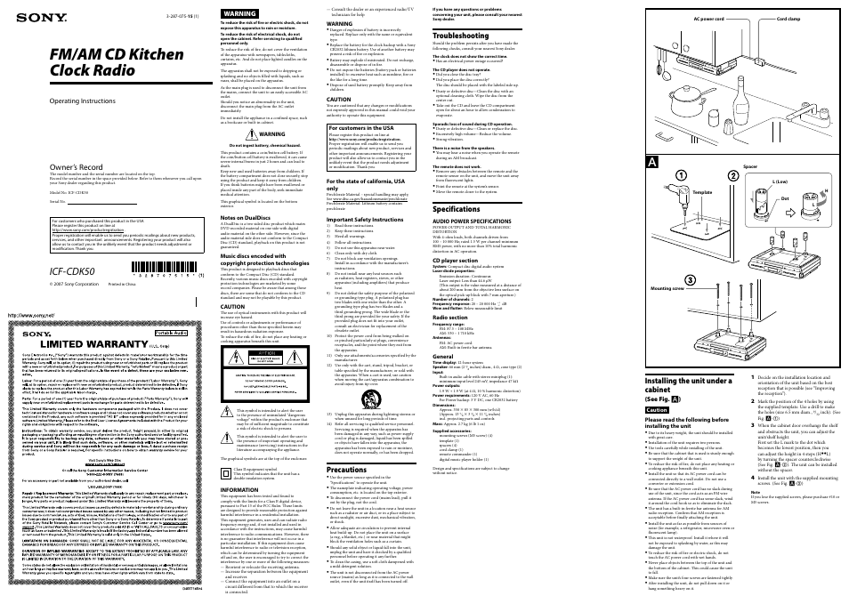 Sony Icf Cdk50 User Manual 2 Pages