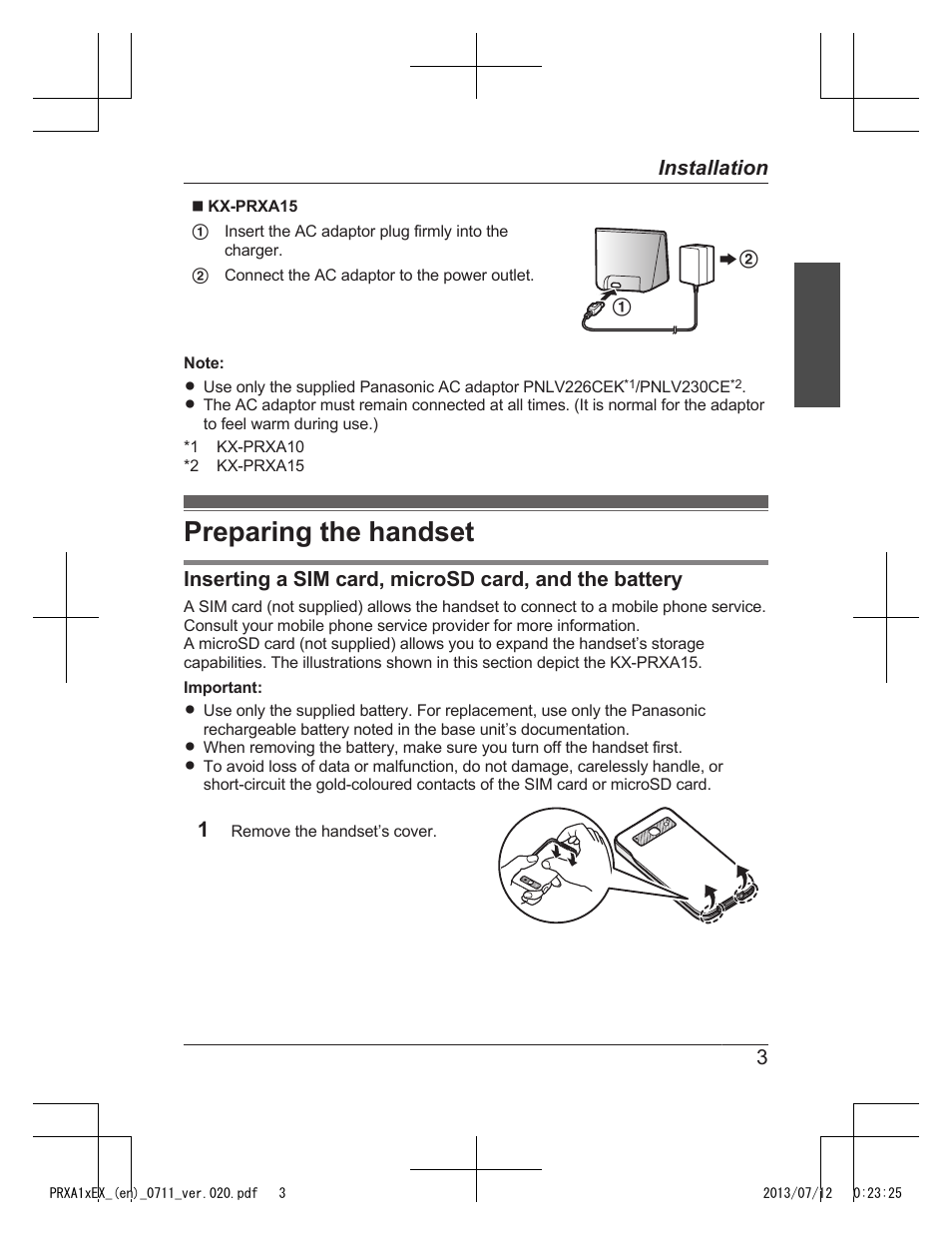 Preparing the handset | Panasonic KXPRXA10EX User Manual | Page 3 / 84