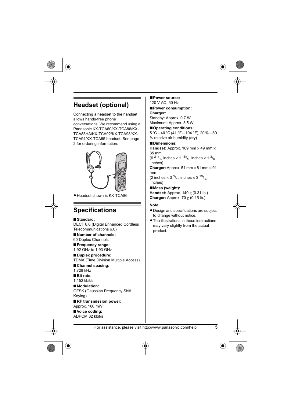 Headset (optional), Specifications | Panasonic KX-TGA101S User Manual