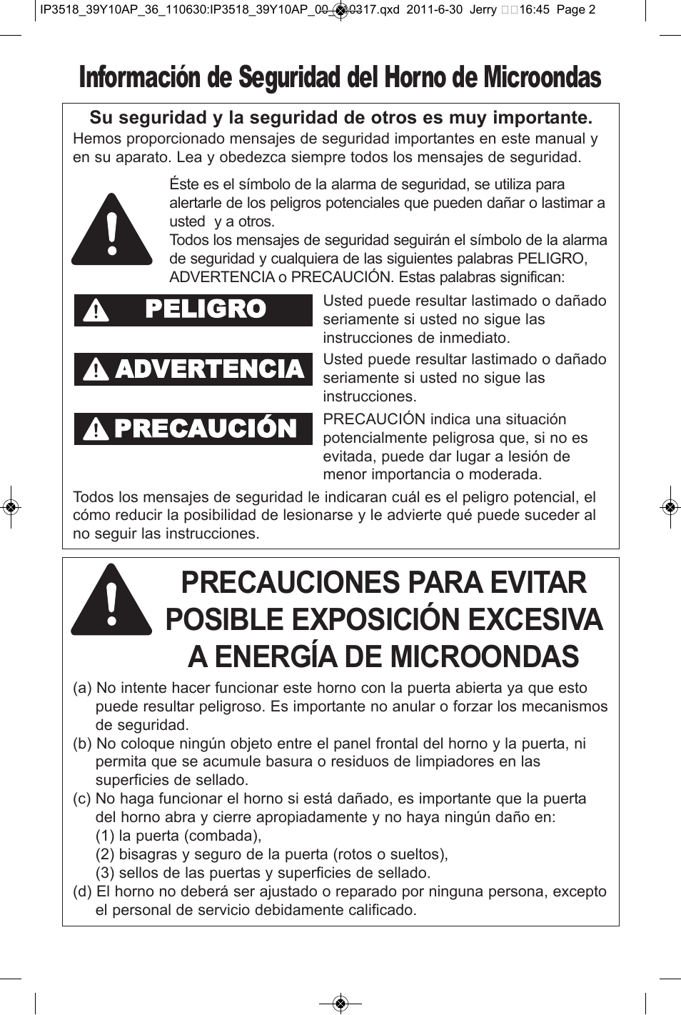 Información de seguridad del horno de microondas, Peligro advertencia