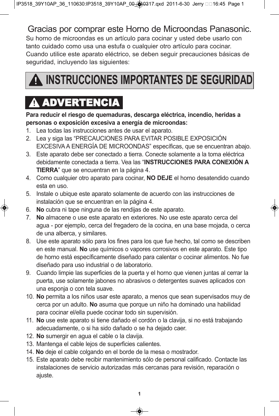 Instrucciones importantes de seguridad, Advertencia | Panasonic NN