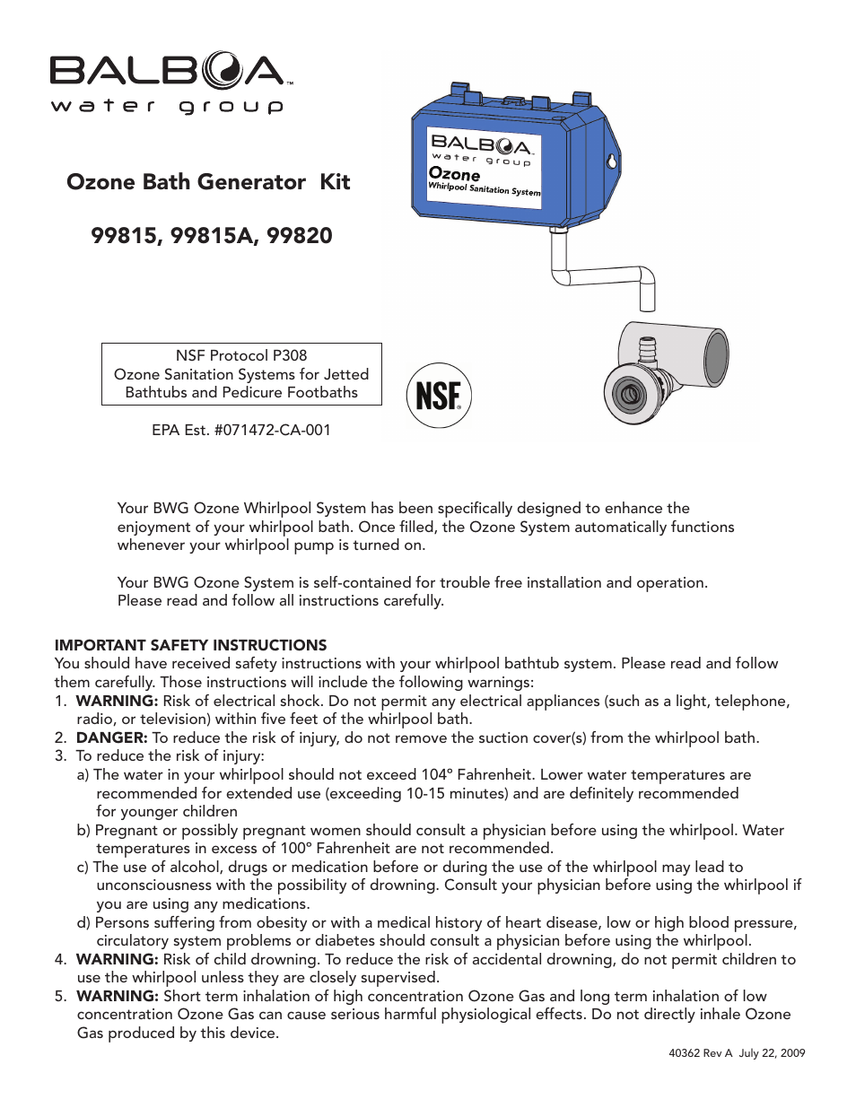 Balboa Water Group Ozone Bath Generator Kit 99815 User