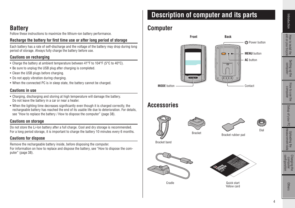 Battery, Cautions on recharging, Cautions in use | CatEye CC-GL50