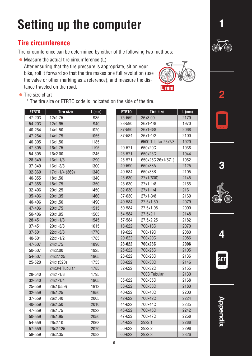 Cateye Bike Computer Wheel Size Chart