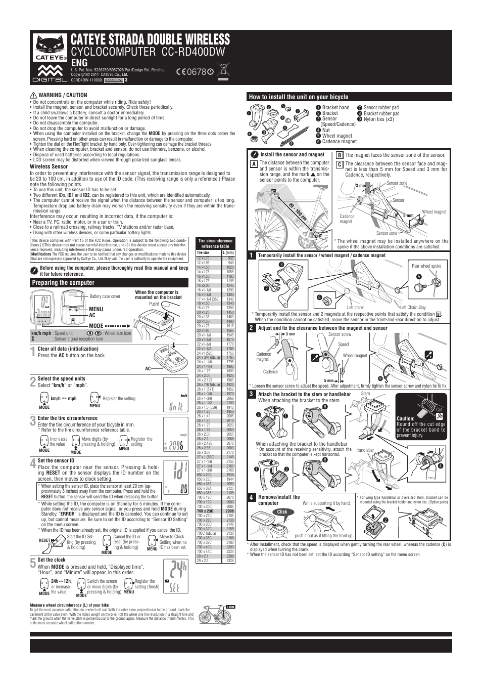 Cateye Bike Computer Wheel Size Chart