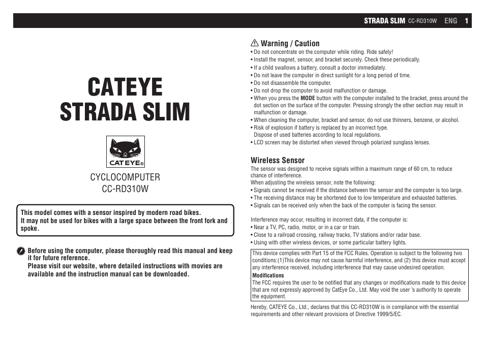 CatEye CC-RD310W [Strada Slim] User Manual | 11 pages | Original mode
