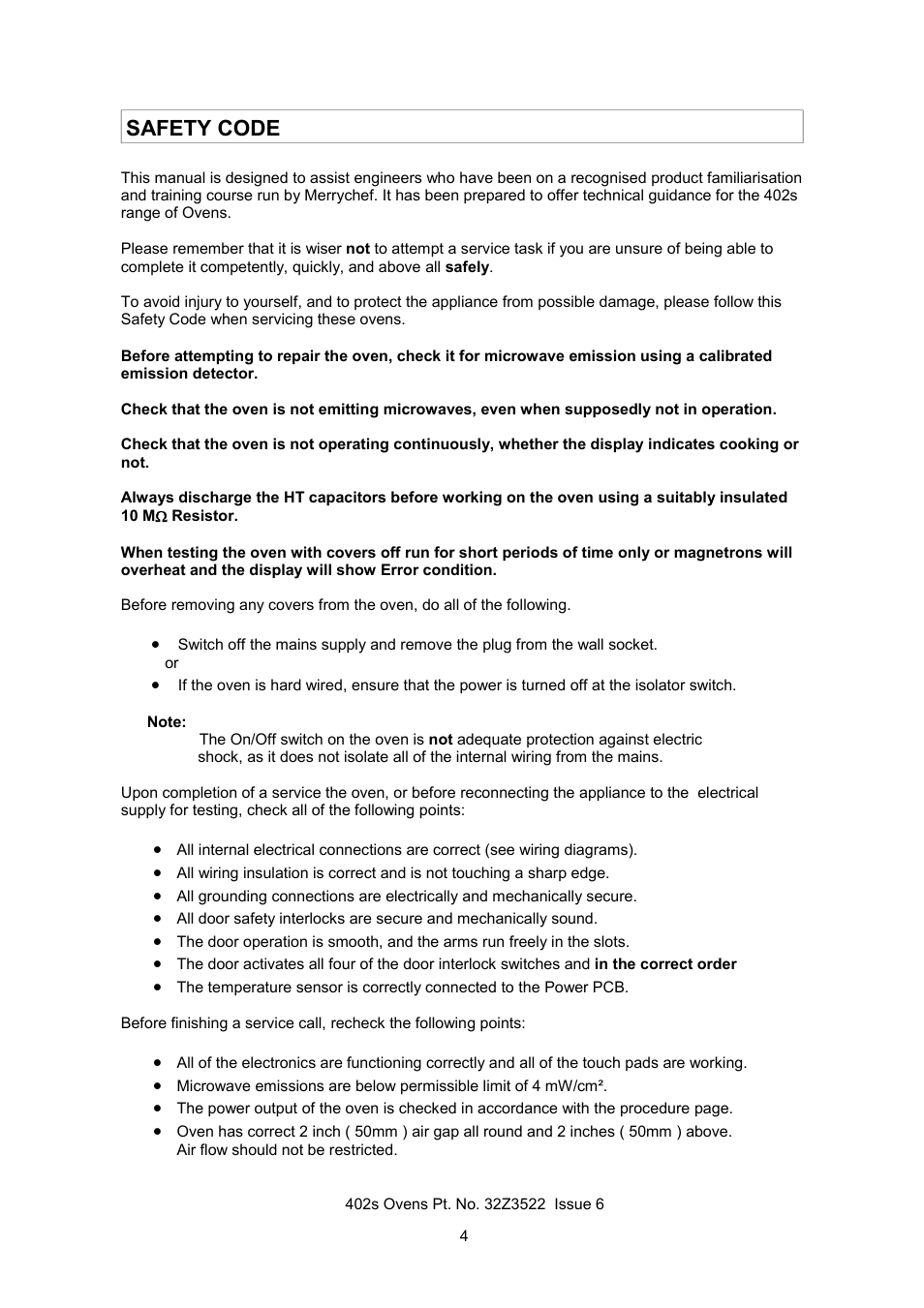 Safety code | Merrychef 402s User Manual | Page 4 / 51
