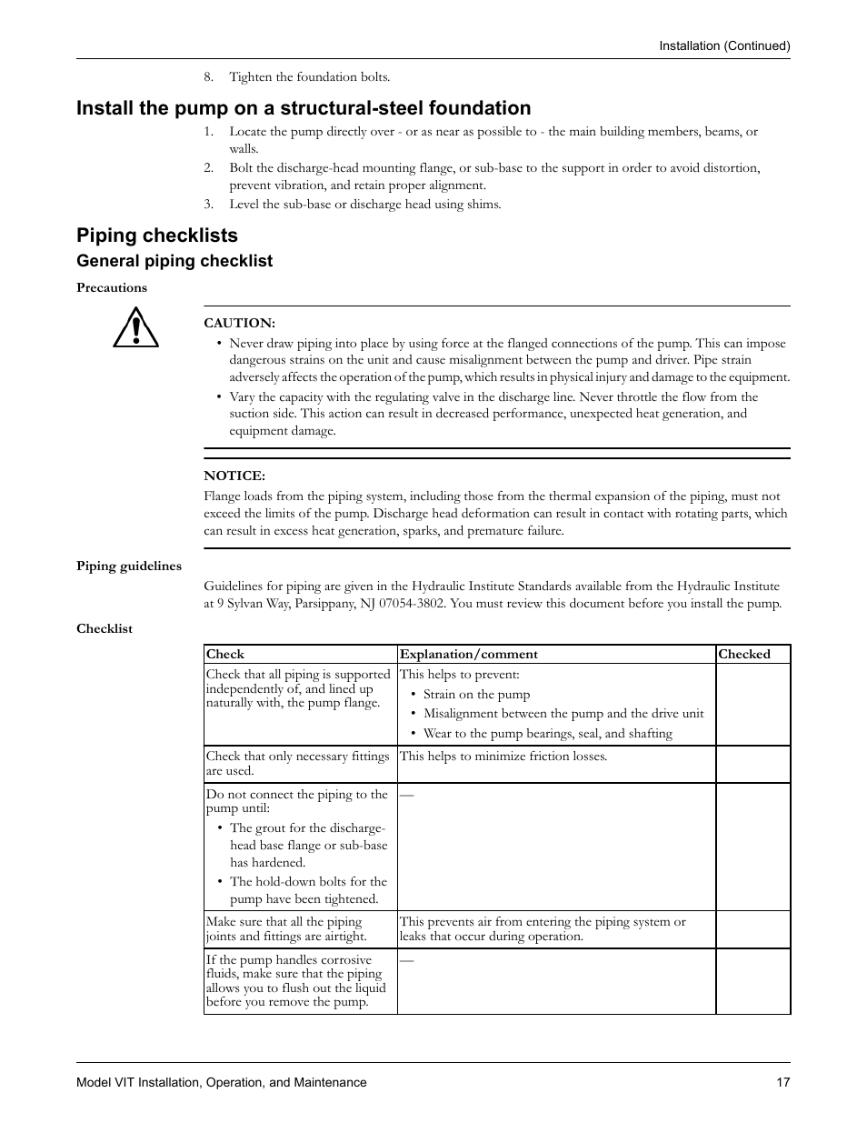 Install the pump on a structural-steel foundation, Piping checklists, General piping checklist | Goulds Pumps VIT - IOM User Manual | Page 19 / 78