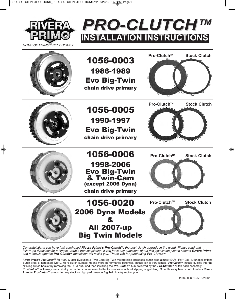Rivera Primo Pro Clutch 1056-0020 User Manual | 8 pages | Also for: Pro
