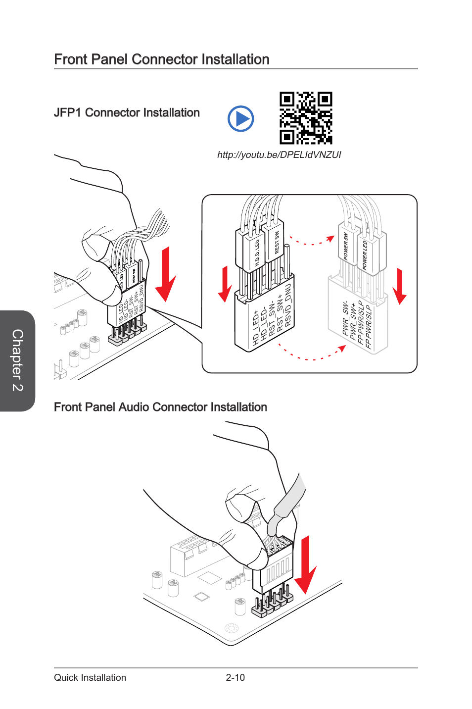 Front panel connector installation -10, Chapter 2, Front panel