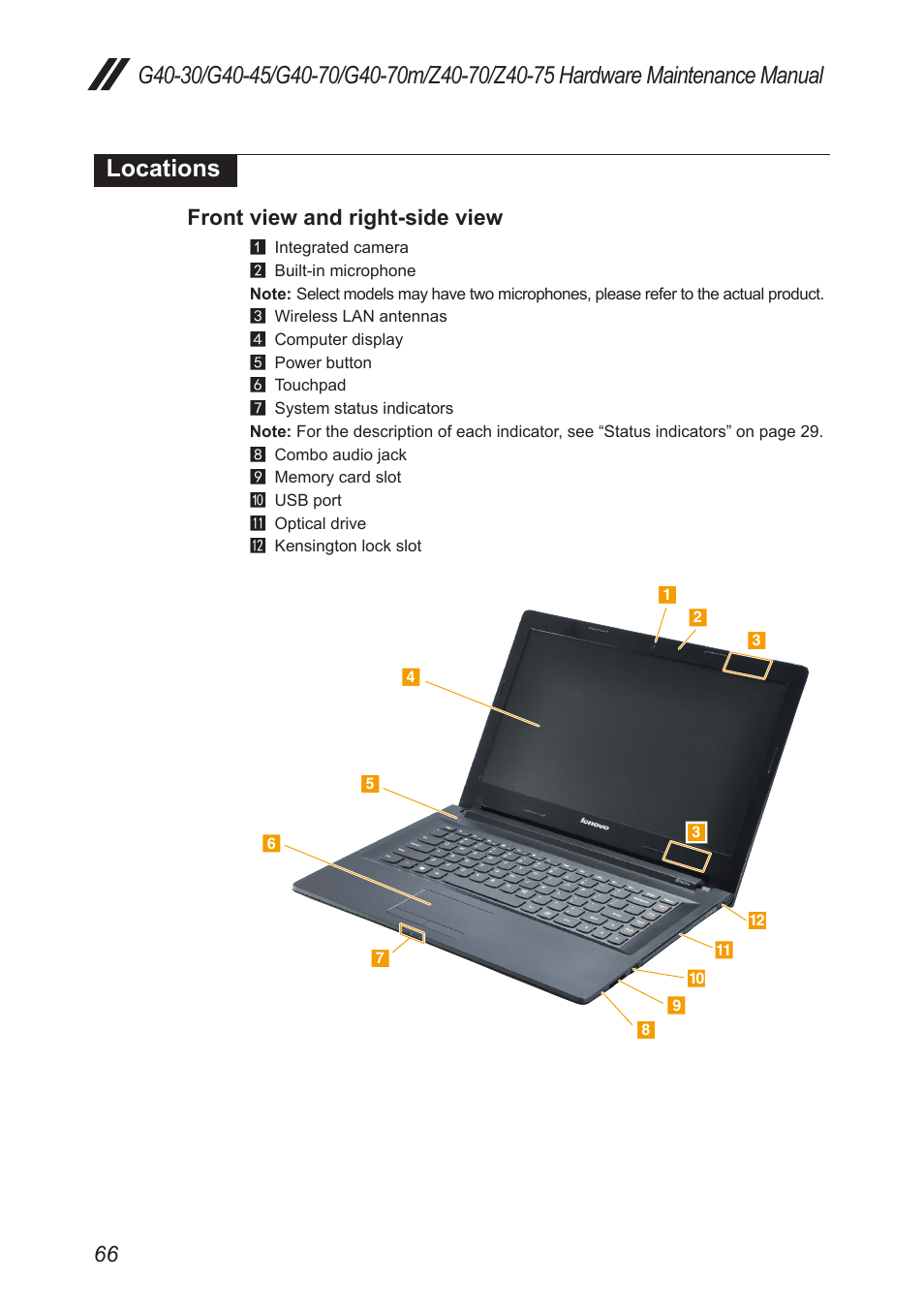 Locations, Front view and right-side view | Lenovo G40-45 Notebook