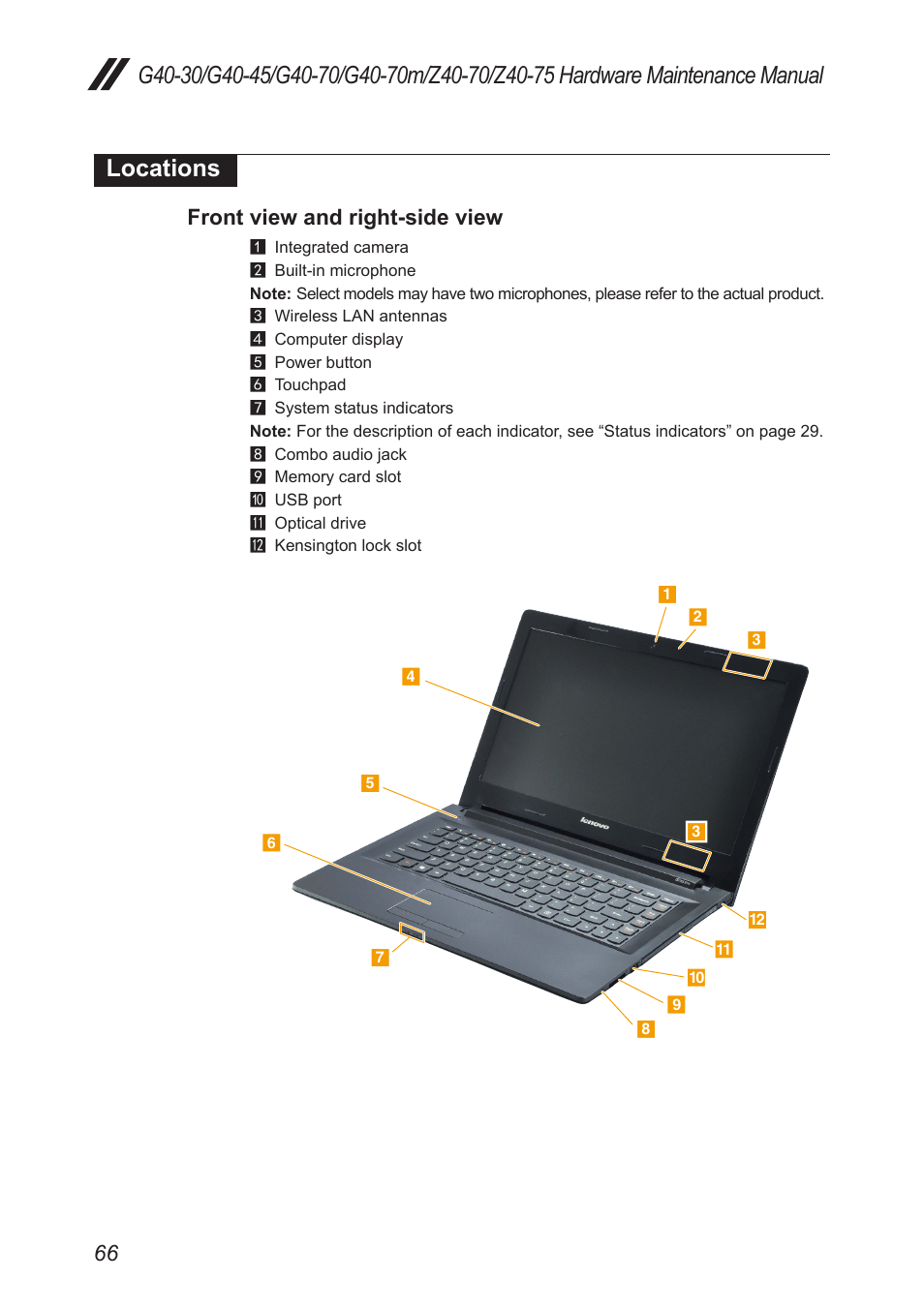 Locations, Front view and rightside view  Lenovo G4045 Notebook