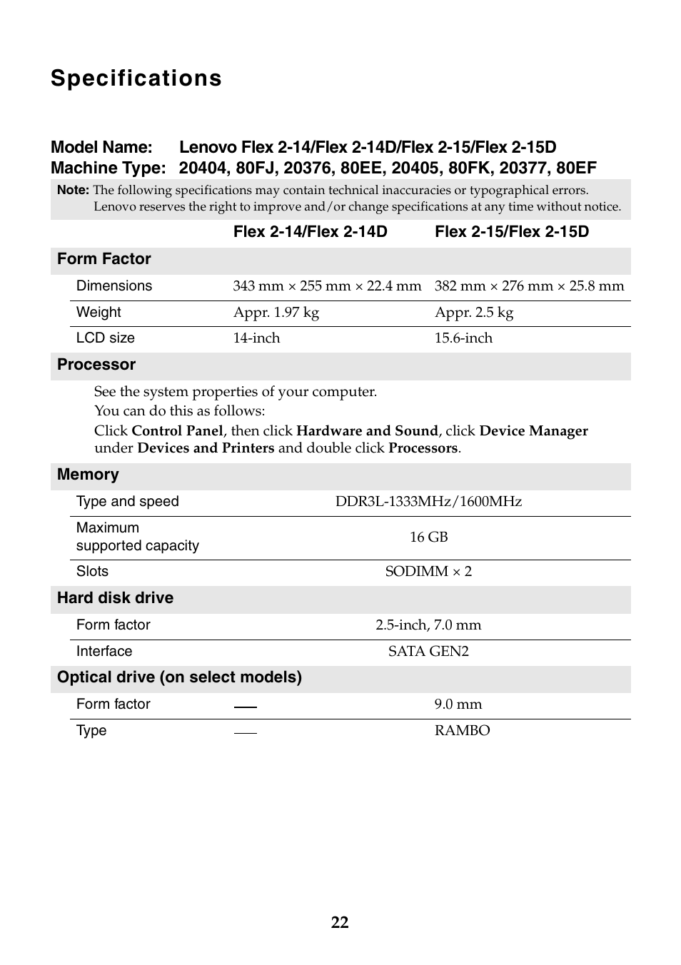 Specifications | Lenovo Flex 2-14 Notebook Lenovo User Manual | Page 22