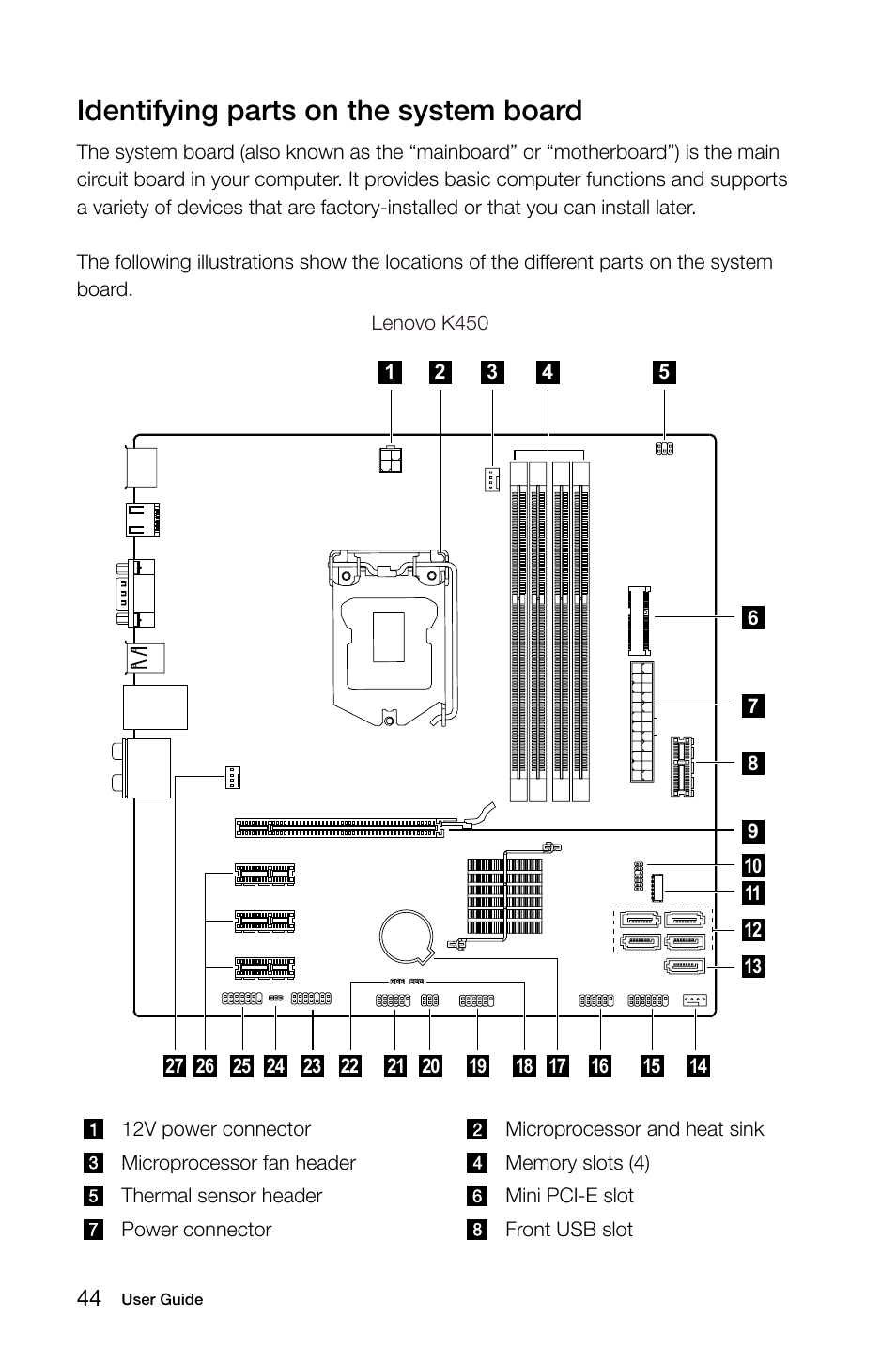 Identifying parts on the system board | Lenovo IdeaCentre K450 Desktop