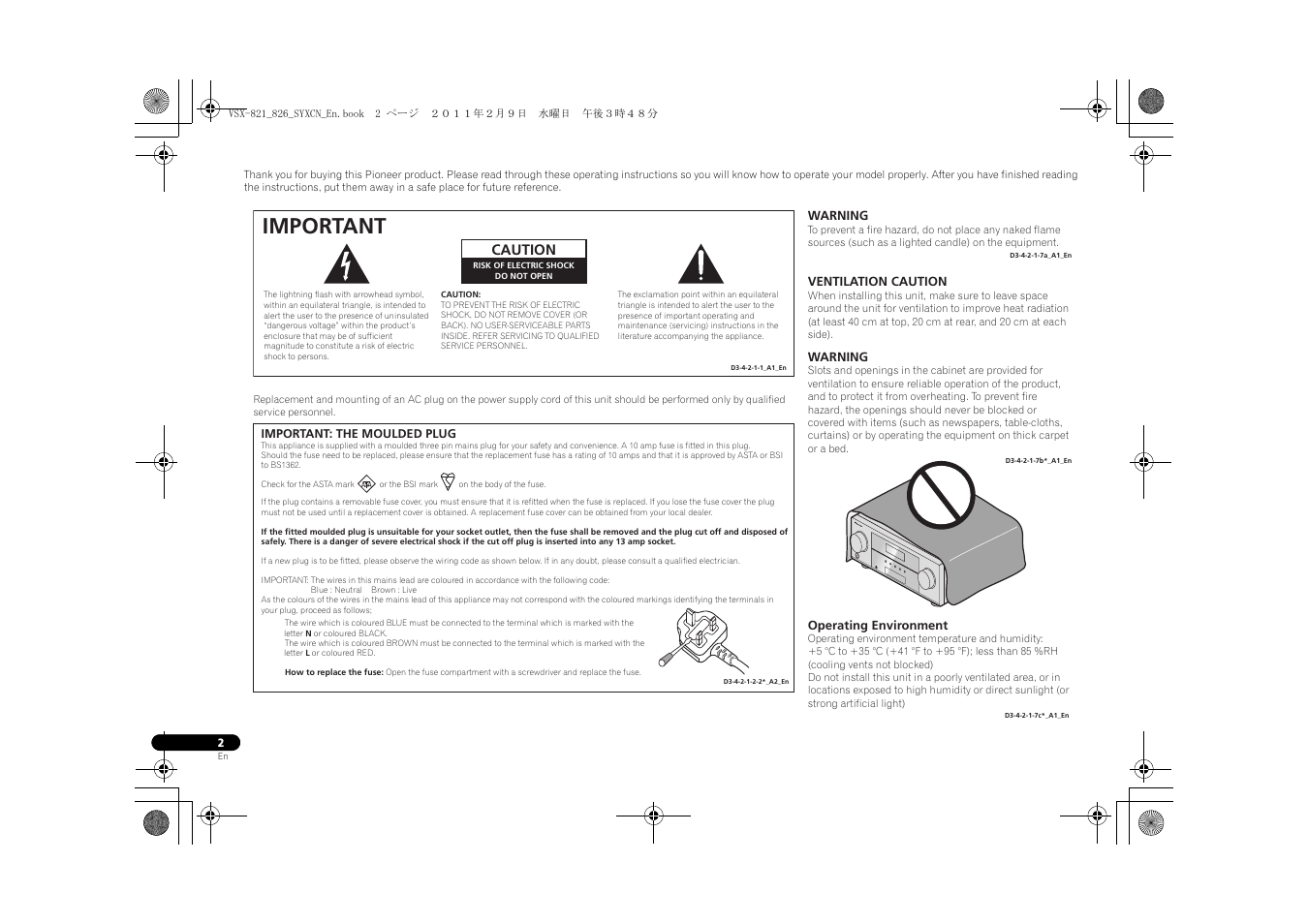 Important | Pioneer VSX-821 User Manual | Page 2 / 56