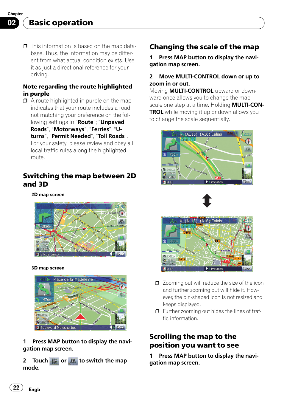 Switching the map between 2d and, Changing the scale of the map 22