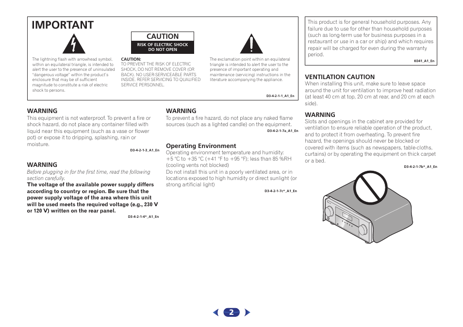 Important, Caution | Pioneer VSX-527-K User Manual | Page 2 / 68.