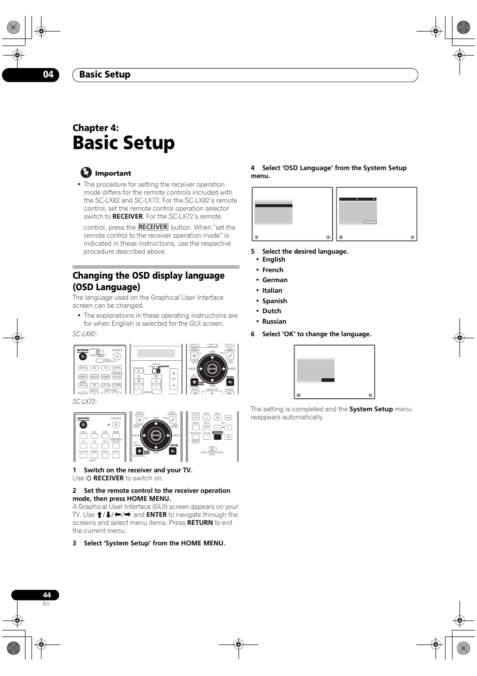 Basic setup, Changing the osd display language (osd language), Basic