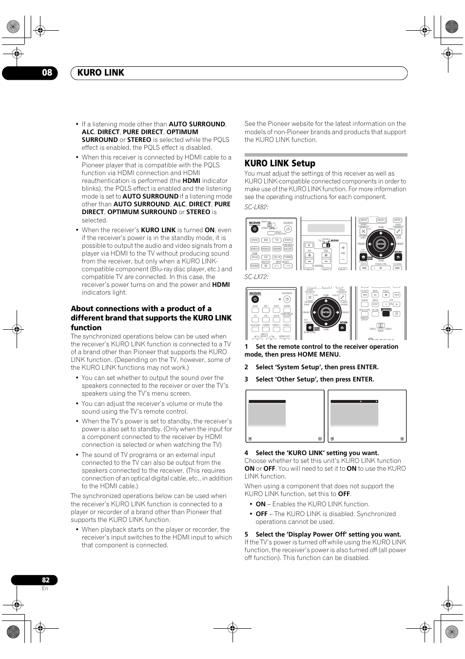 Kuro link setup, Kuro link 08, Sc-lx72 | Pioneer SC-LX82 User Manual