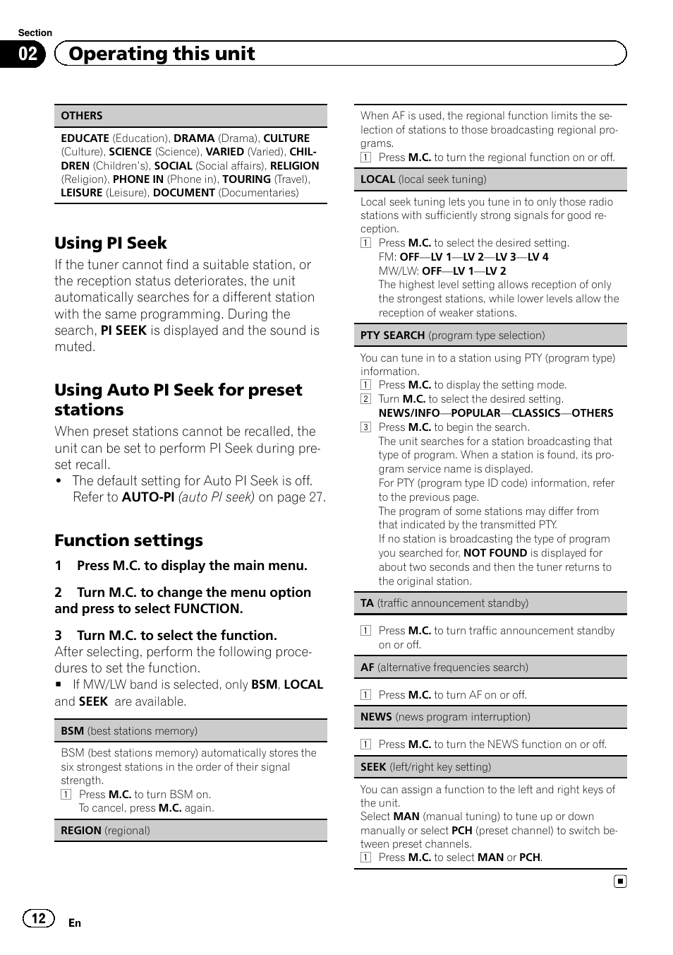 Seek (Left/Right Key Setting), Seek (Left/Right Key Set, Af (Alter.