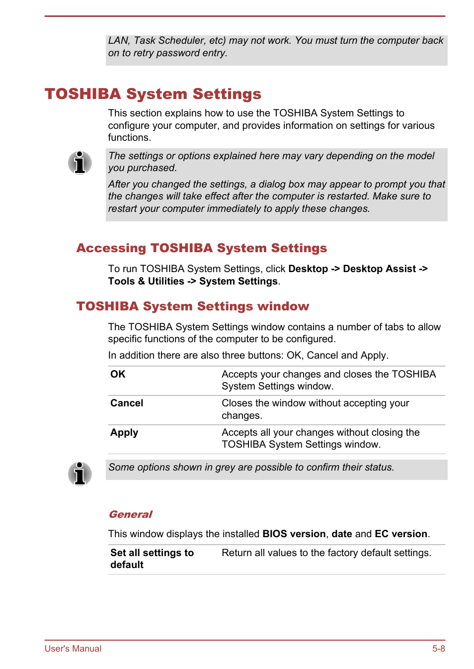 Toshiba system settings, Accessing toshiba system settings, Toshiba