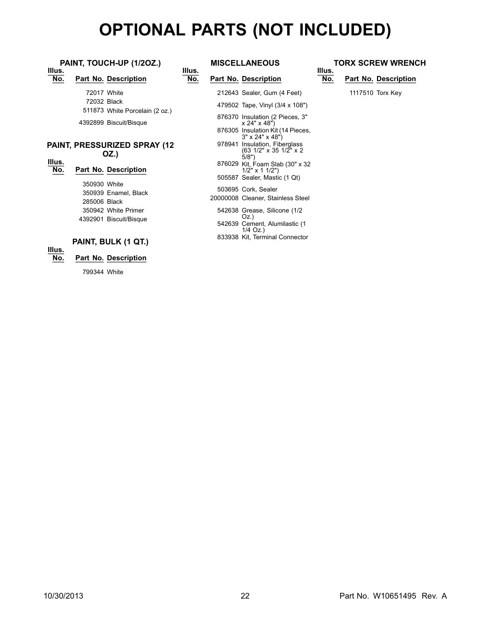 Optional, Optional parts (not included) | Whirlpool WRF736SDAM User