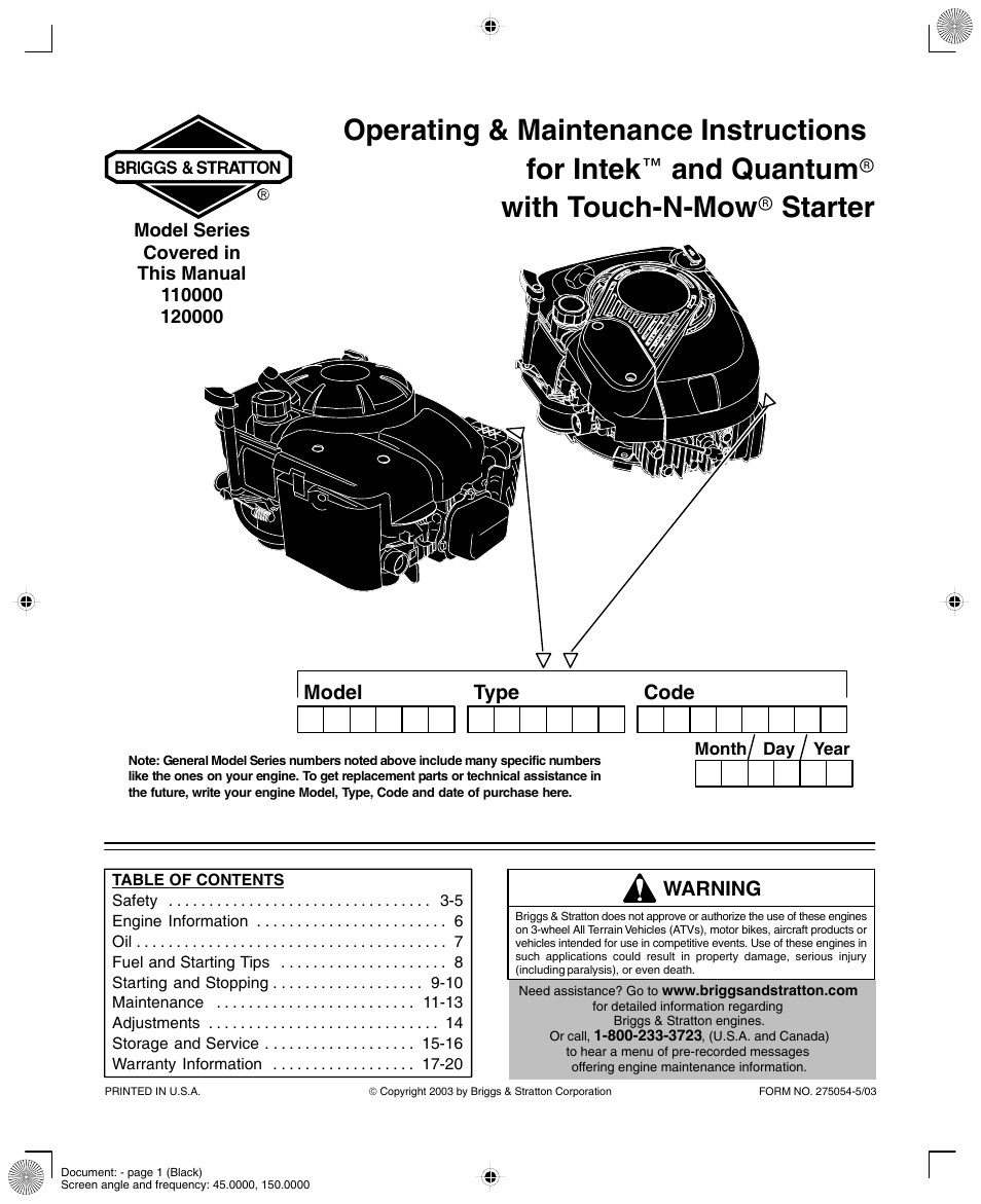 Briggs & Stratton INTEK AND QUANTUM 110000 User Manual 20 pages