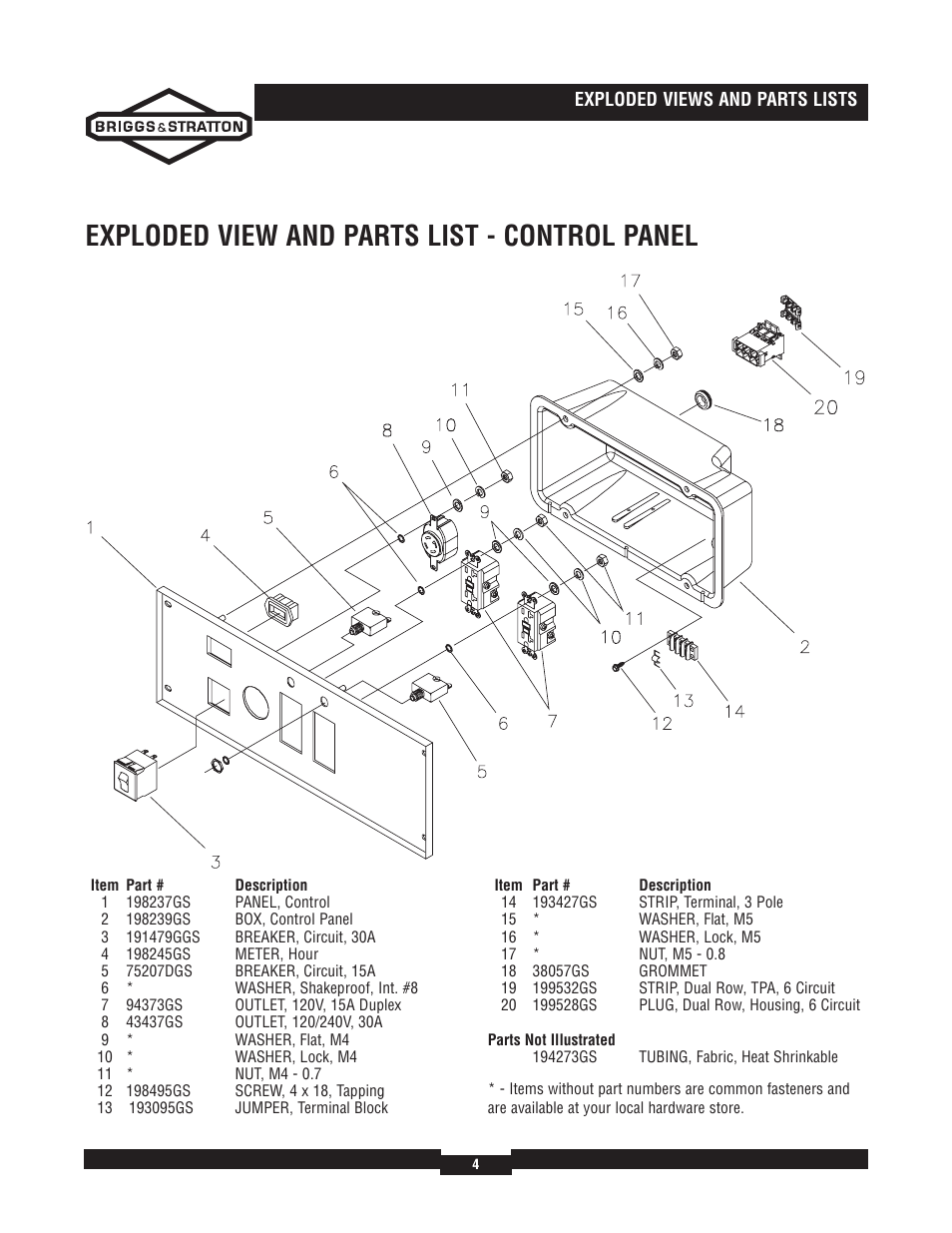 Exploded view and parts list - control panel | Briggs & Stratton 030244