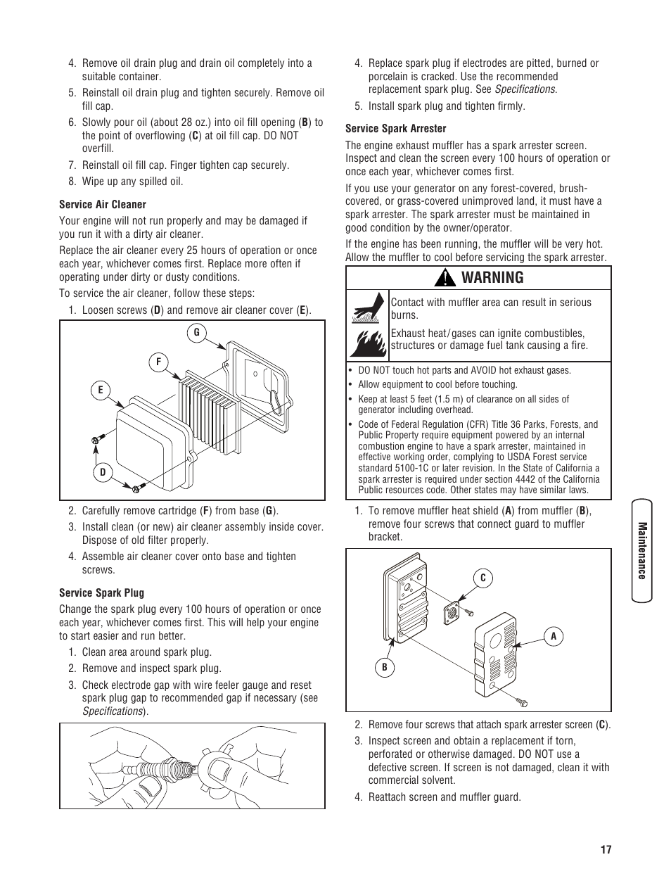 Warning | Briggs & Stratton 5550 Watt User Manual | Page 17 / 48