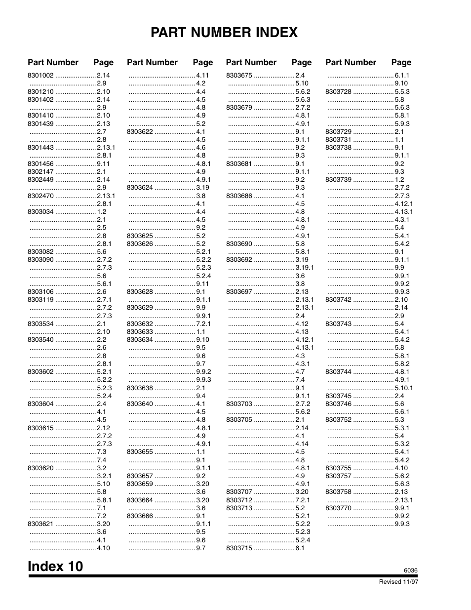 Index 10, Part number index, Part number page | SkyTrak 6036 Parts