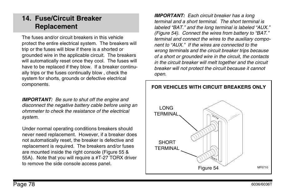 Fuse/circuit breaker replacement, Page 78 | SkyTrak 6036 Operation