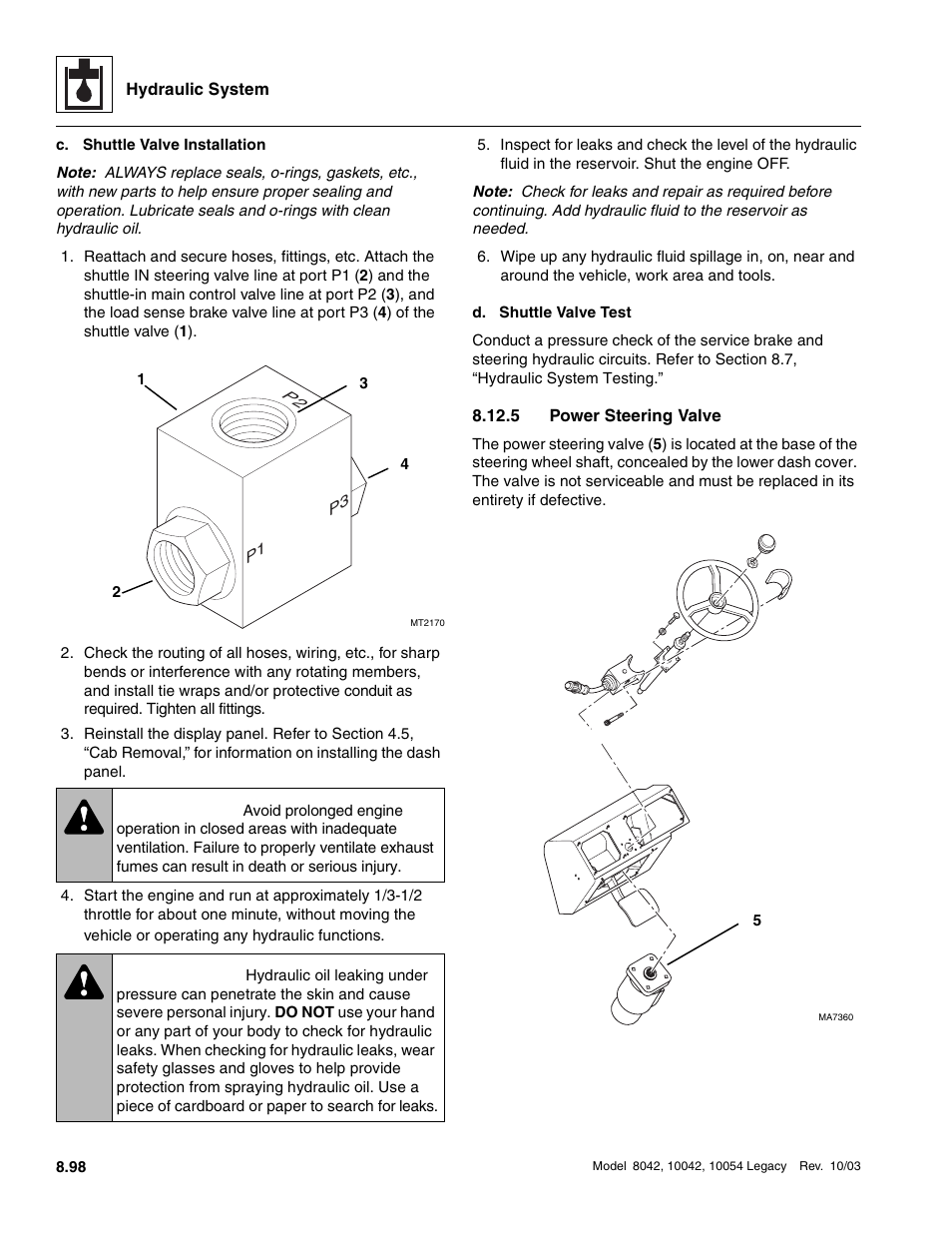 5 power steering valve, Power steering valve, Warning | SkyTrak 8042