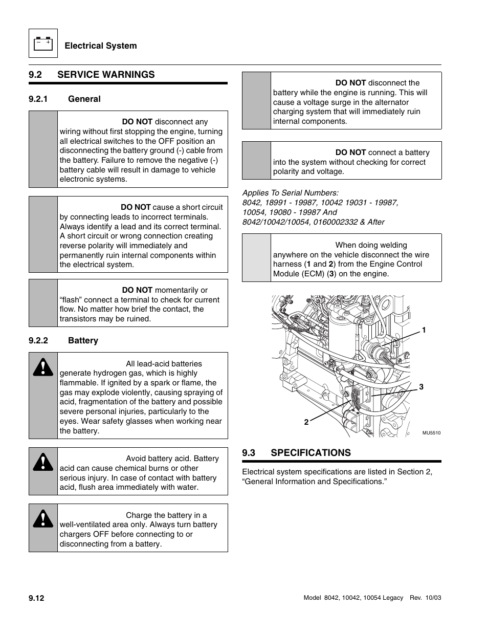 2 service warnings, 1 general, 2 battery | SkyTrak 8042 Service Manual