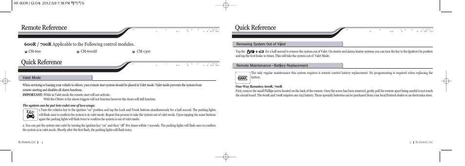 Remote reference quick reference quick reference | CompuSTAR CS600-A