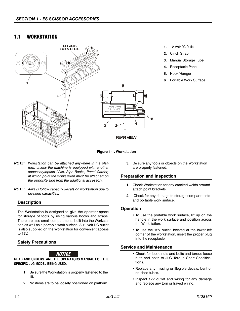 1 workstation, Description, Safety precautions | JLG Workstation in the