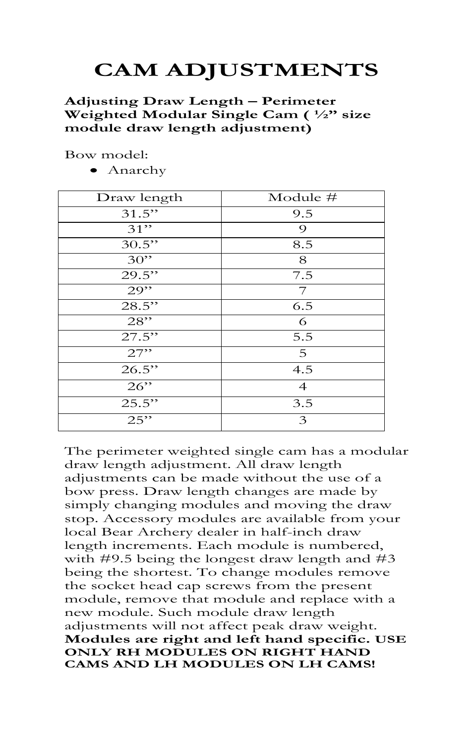 Cam adjustments | Bear Archery Compound Bow 2012 User Manual | Page 14 / 36