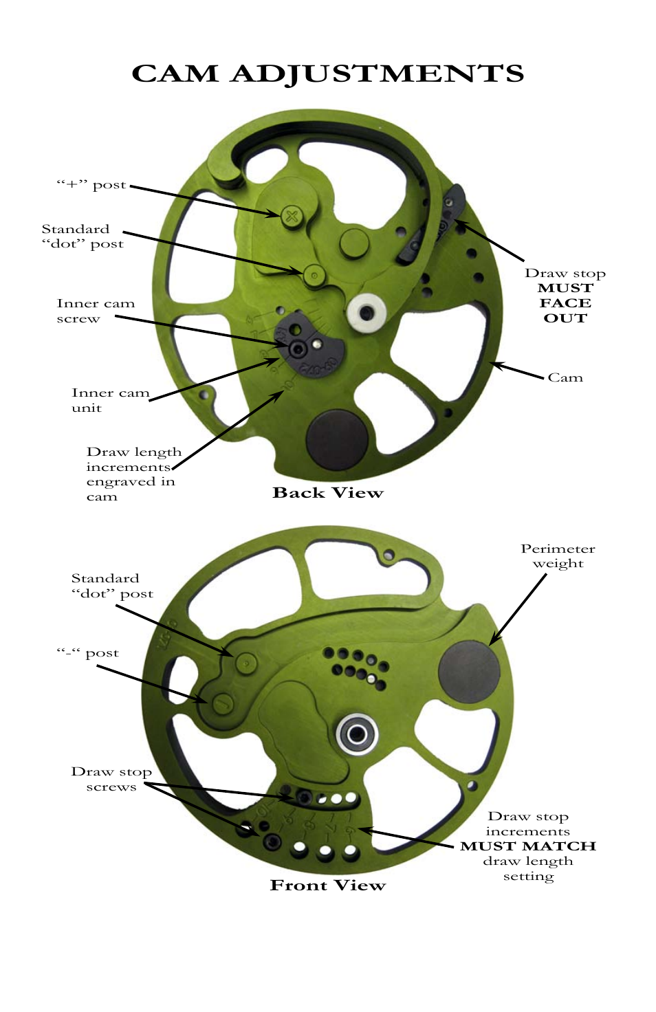 Cam adjustments, Back view, Front view | Bear Archery Compound Bow 2010