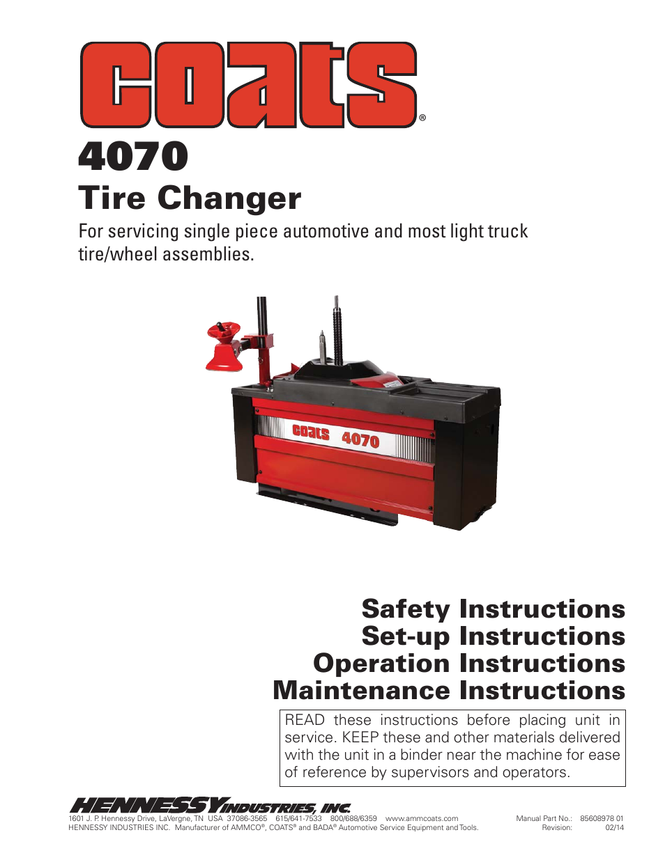 COATS 4070 Tire Changer User Manual | 24 pages