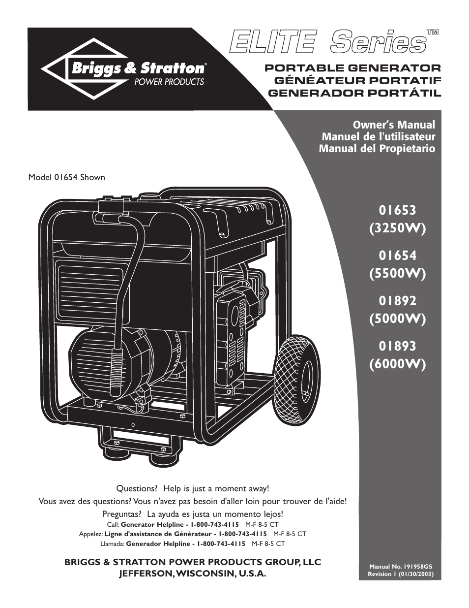 Briggs & Stratton 01654 User Manual 52 pages Also for 01893, 01892