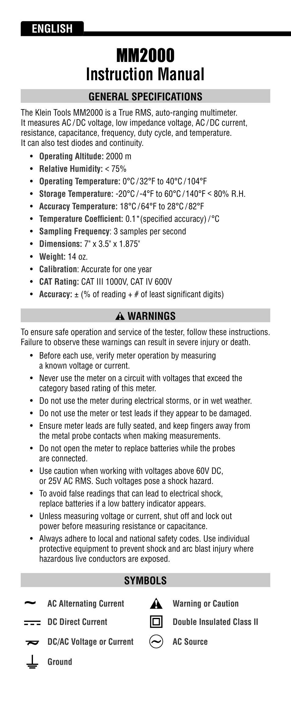 Mm2000 instruction manual, English, General specifications | Klein