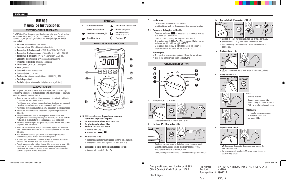 Mm200 manual de instrucciones, Español, Bc e a | Klein Tools MM200 User