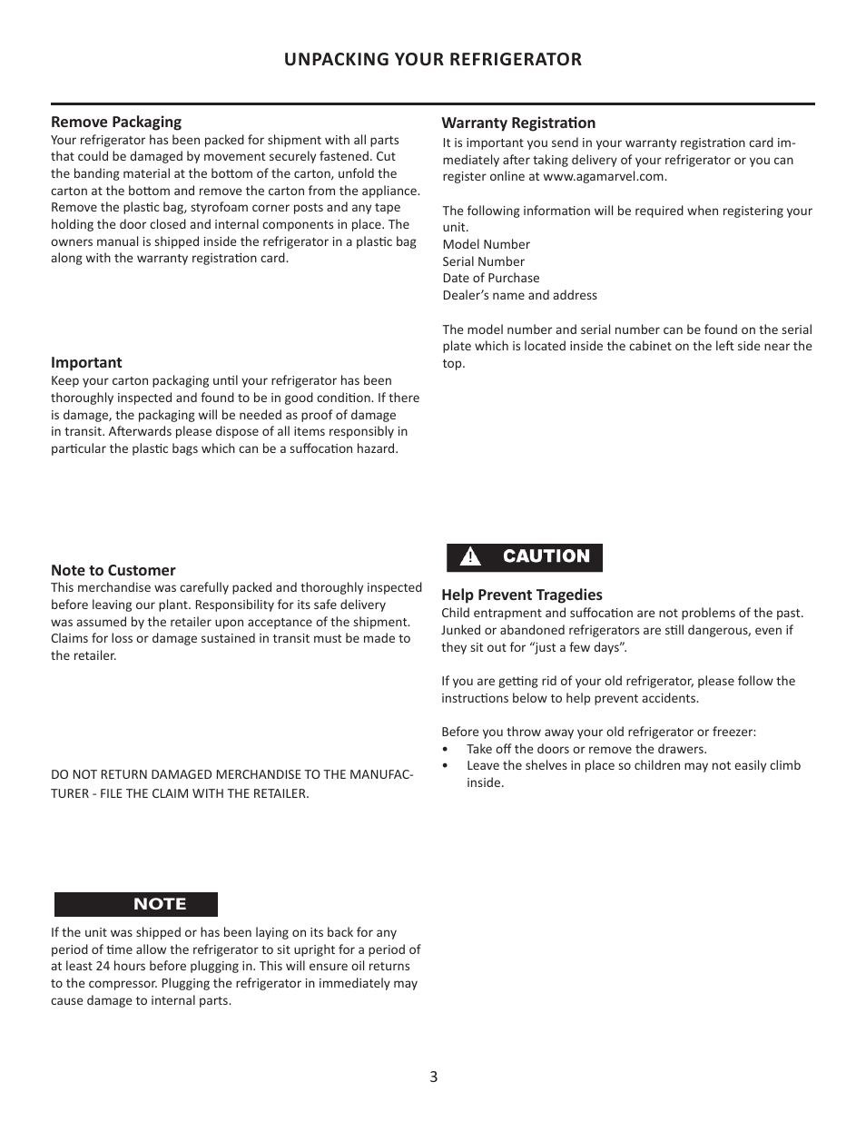 Unpacking your refrigerator | MARVEL Scientific 8CARM User Manual