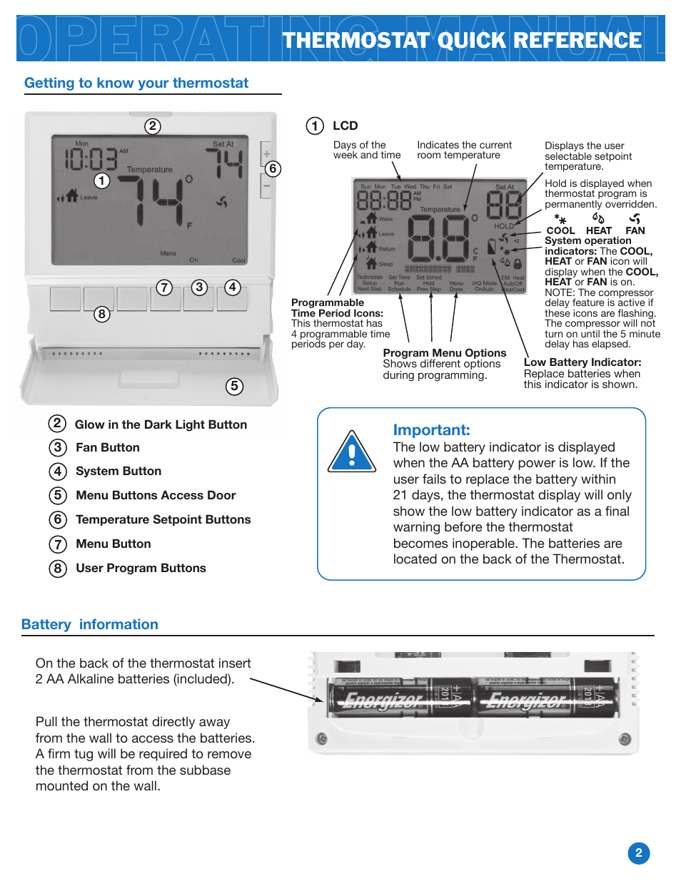 Thermostat quick reference, Important, Battery information | Pro1 T805